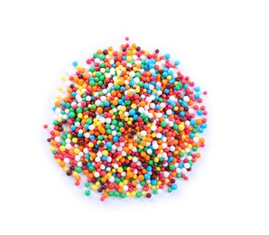 Photo of Colorful sprinkles on white background, top view. Confectionery decor