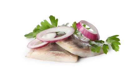 Photo of Delicious salted herring slices with onion rings and parsley on white background