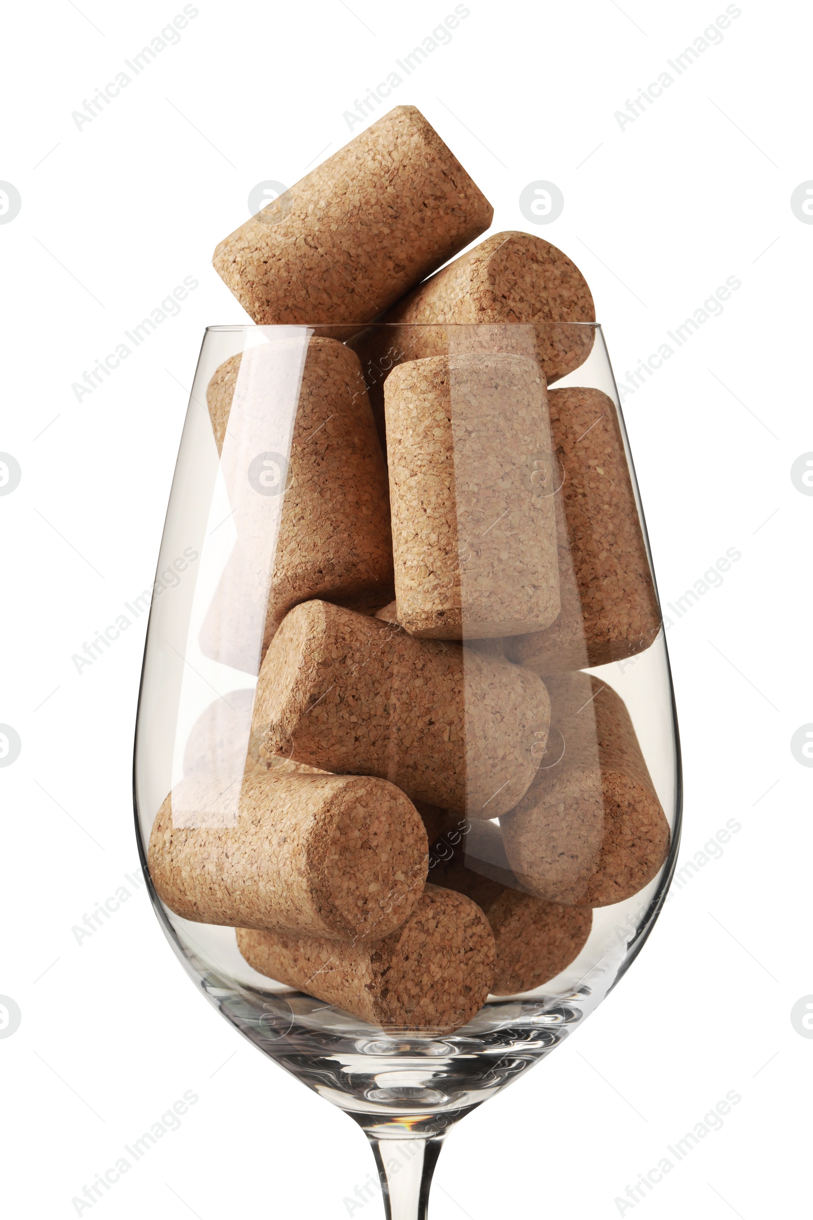 Photo of Glass full of wine corks on white background, closeup