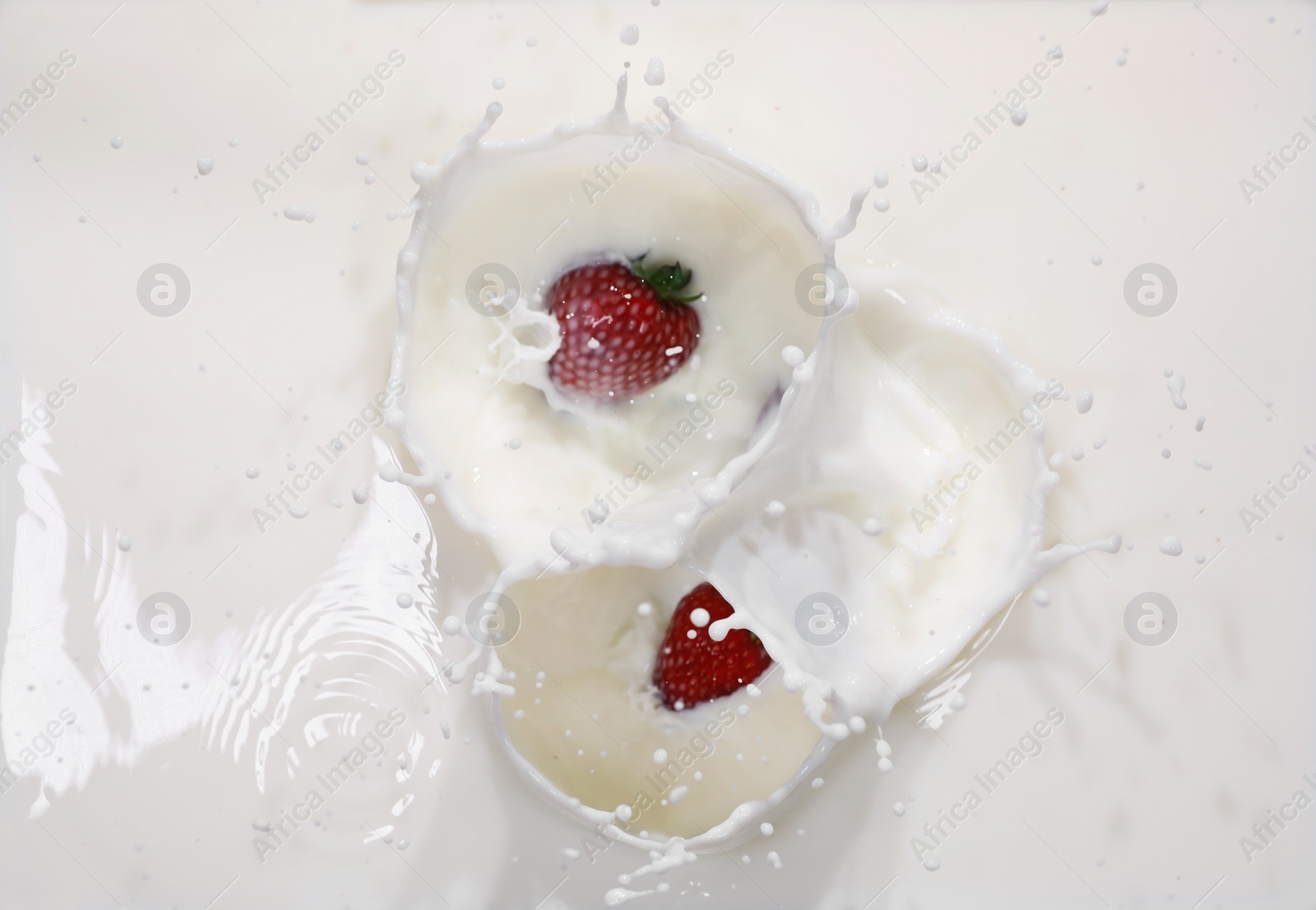 Photo of Strawberries falling in milk with splashes, top view