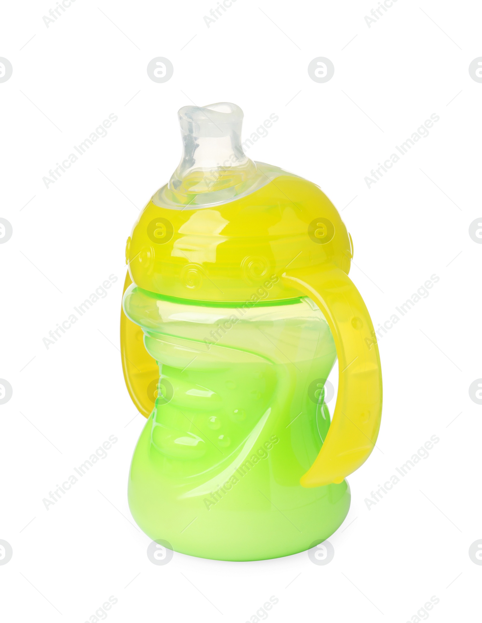 Photo of One feeding bottle with milk on white background