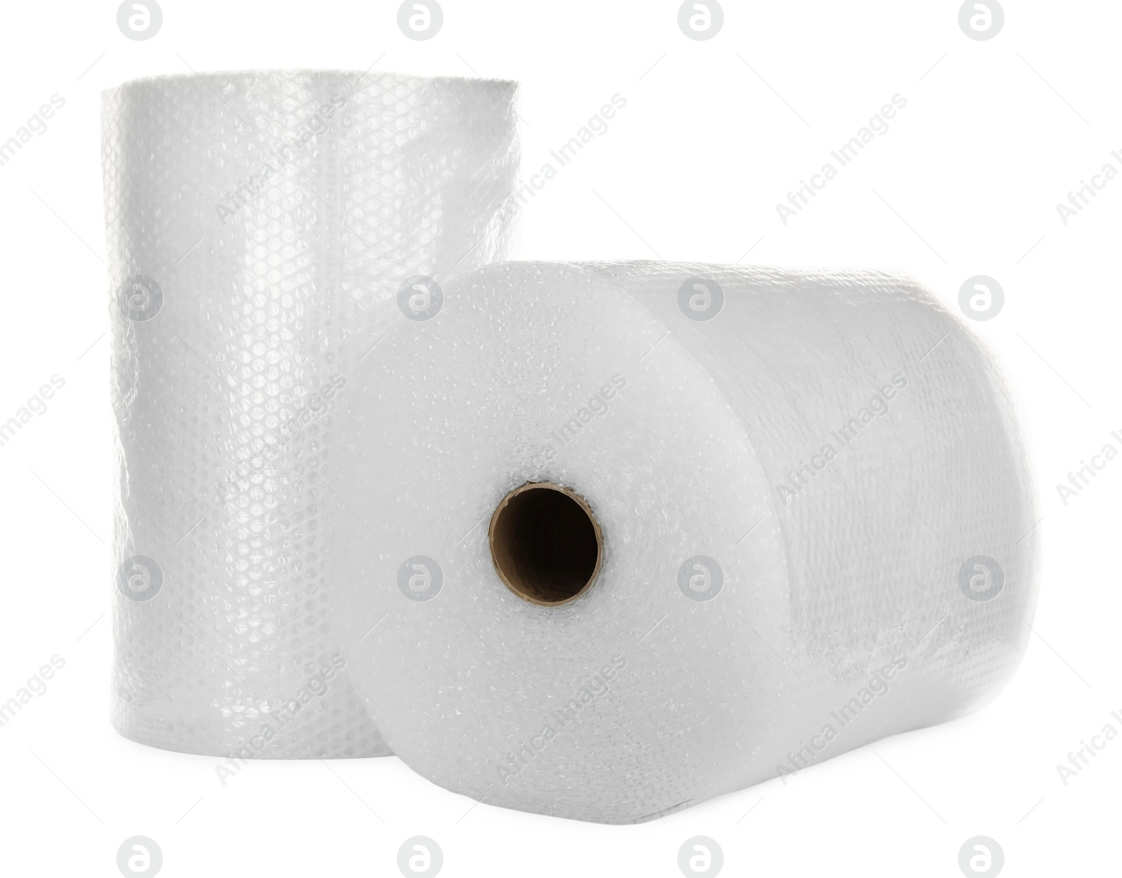 Photo of Transparent bubble wrap rolls on white background