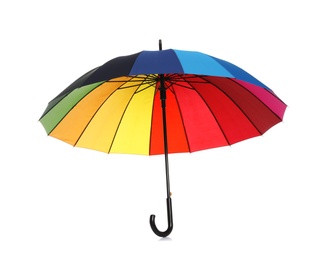 Photo of Beautiful open umbrella on white background