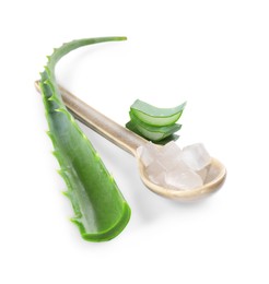 Photo of Spoon with peeled aloe vera and pieces of plant isolated on white