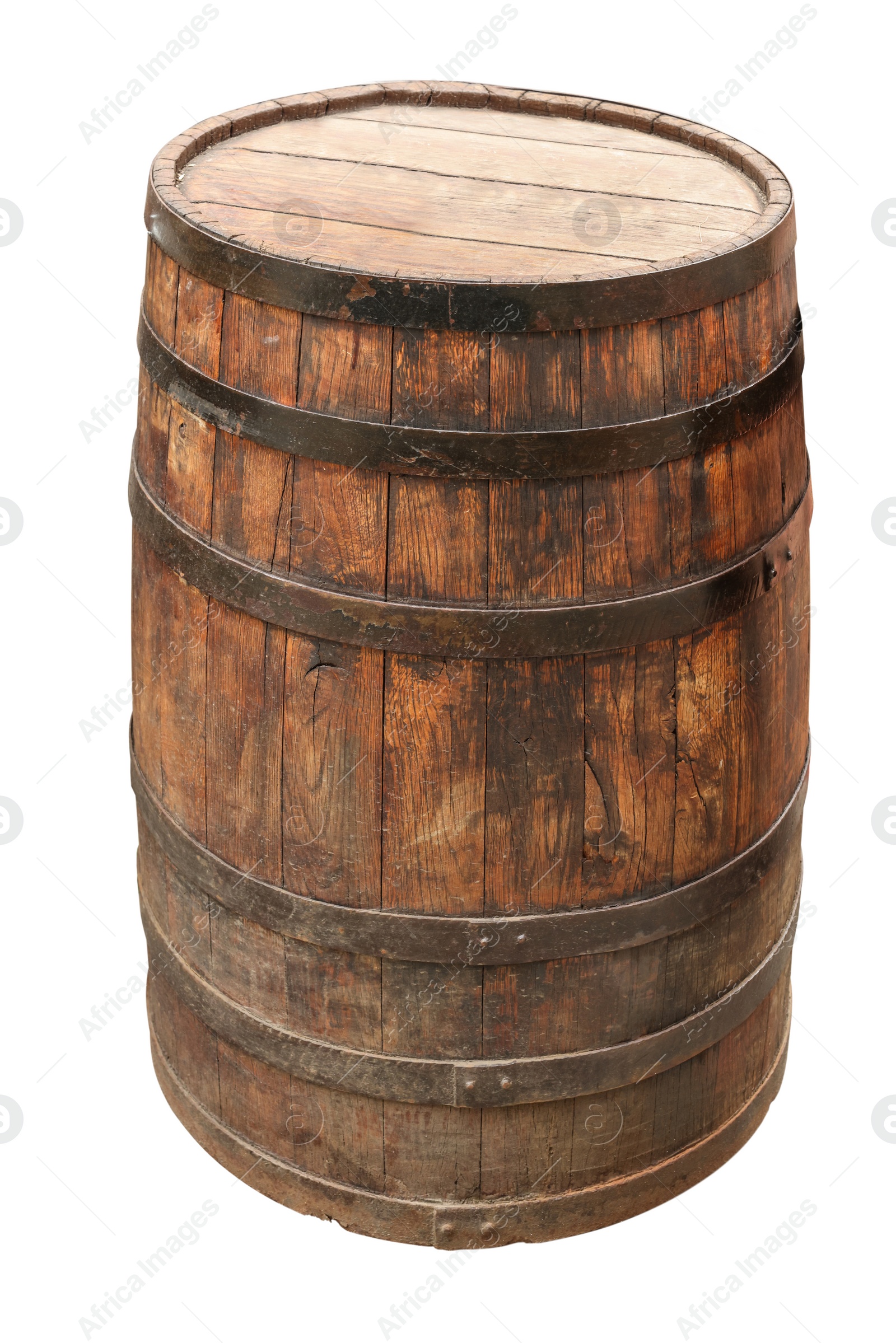 Image of One wooden barrel with metal hoops isolated on white