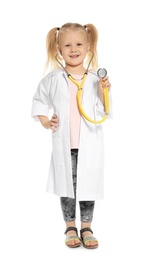 Cute little child in doctor coat with stethoscope on white background