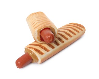 Photo of Tasty french hot dogs with mustard isolated on white