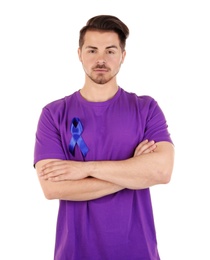 Photo of Young man with blue ribbon on white background. Urological cancer awareness