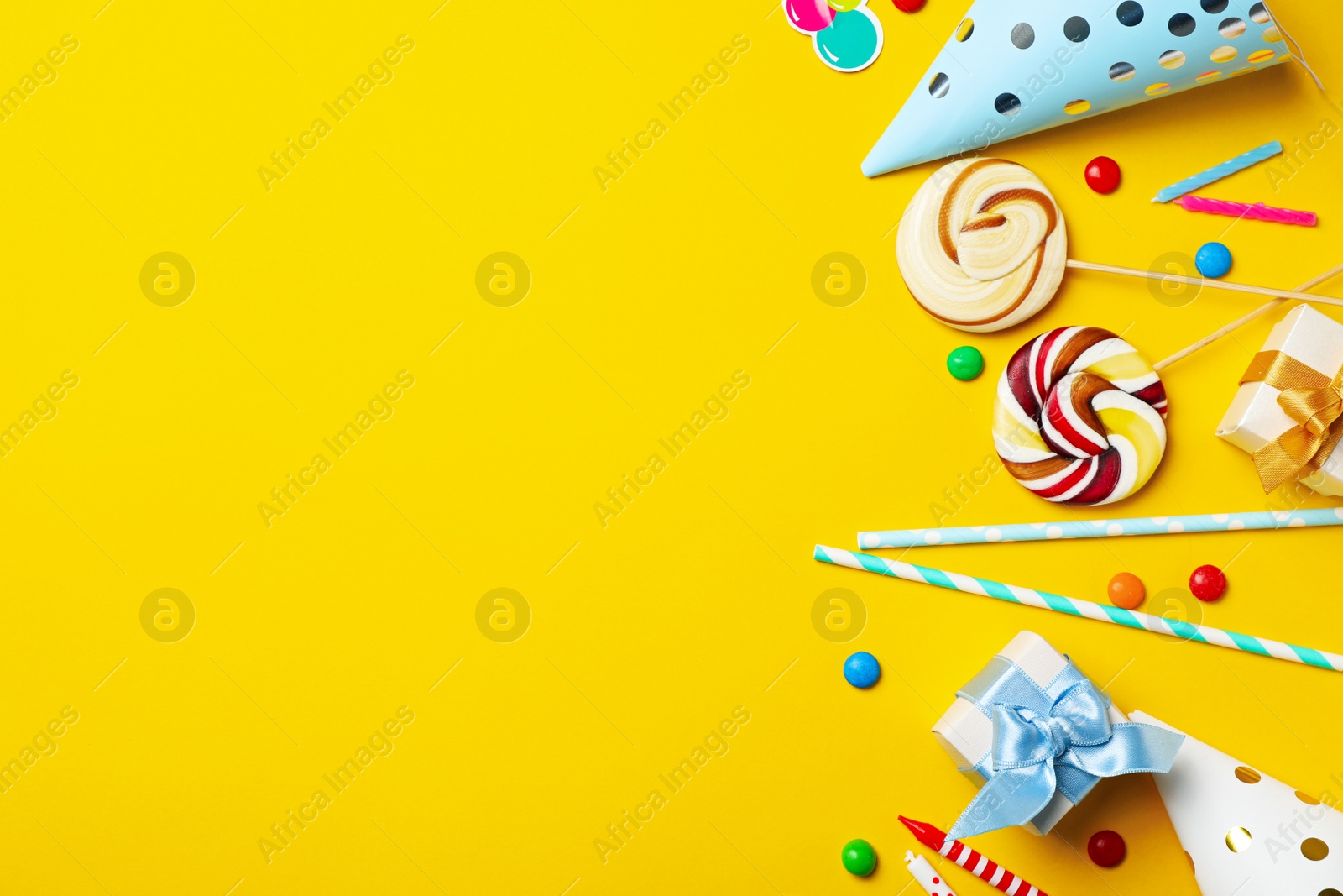 Photo of Flat lay composition with birthday party items on color background