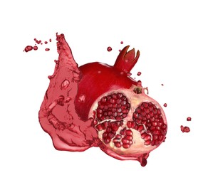 Image of Fresh ripe pomegranate and splash of juice on white background