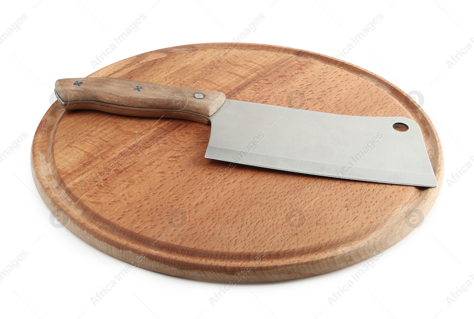 Photo of Large sharp cleaver knife with wooden board isolated on white