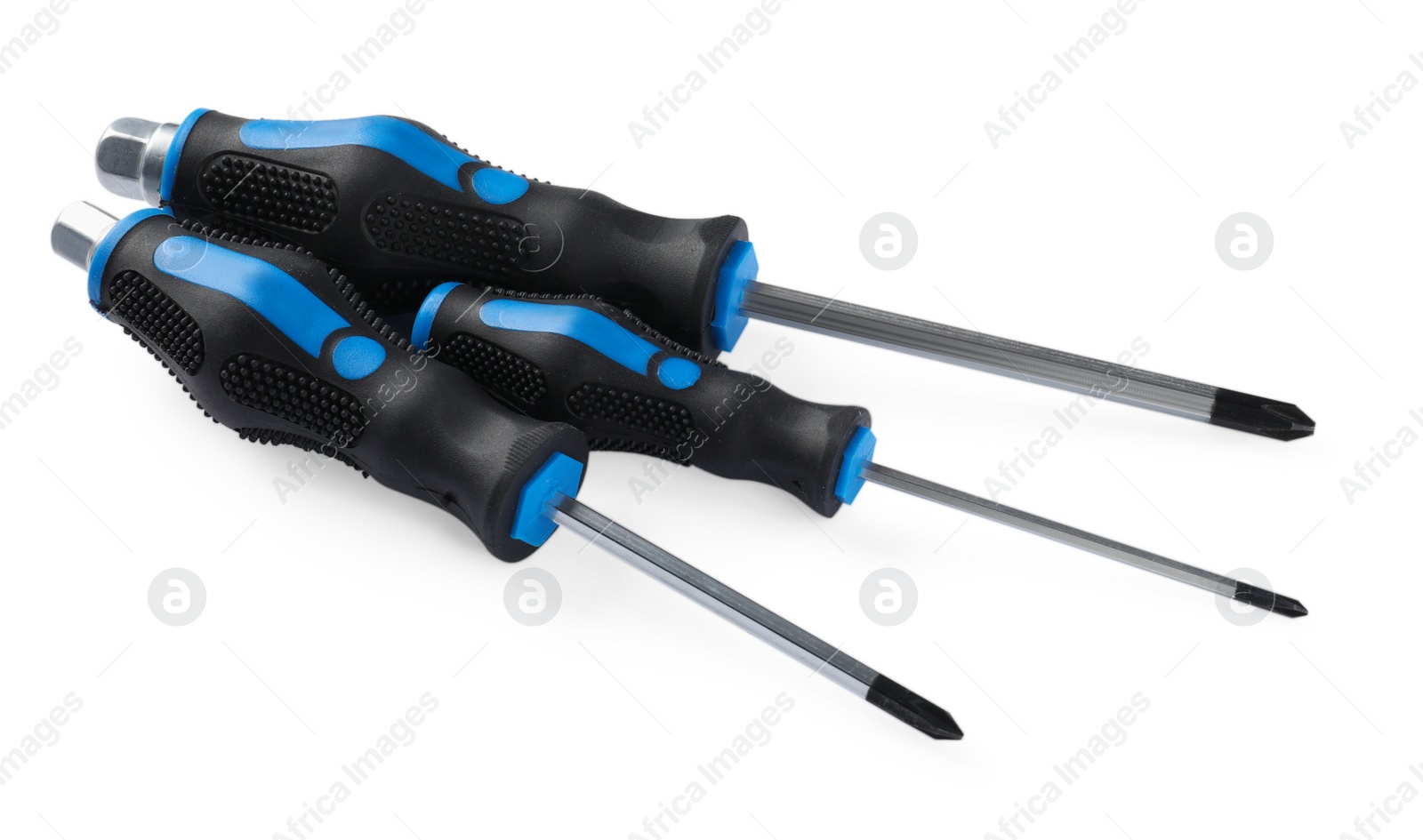 Photo of Set of screwdrivers with blue handles isolated on white