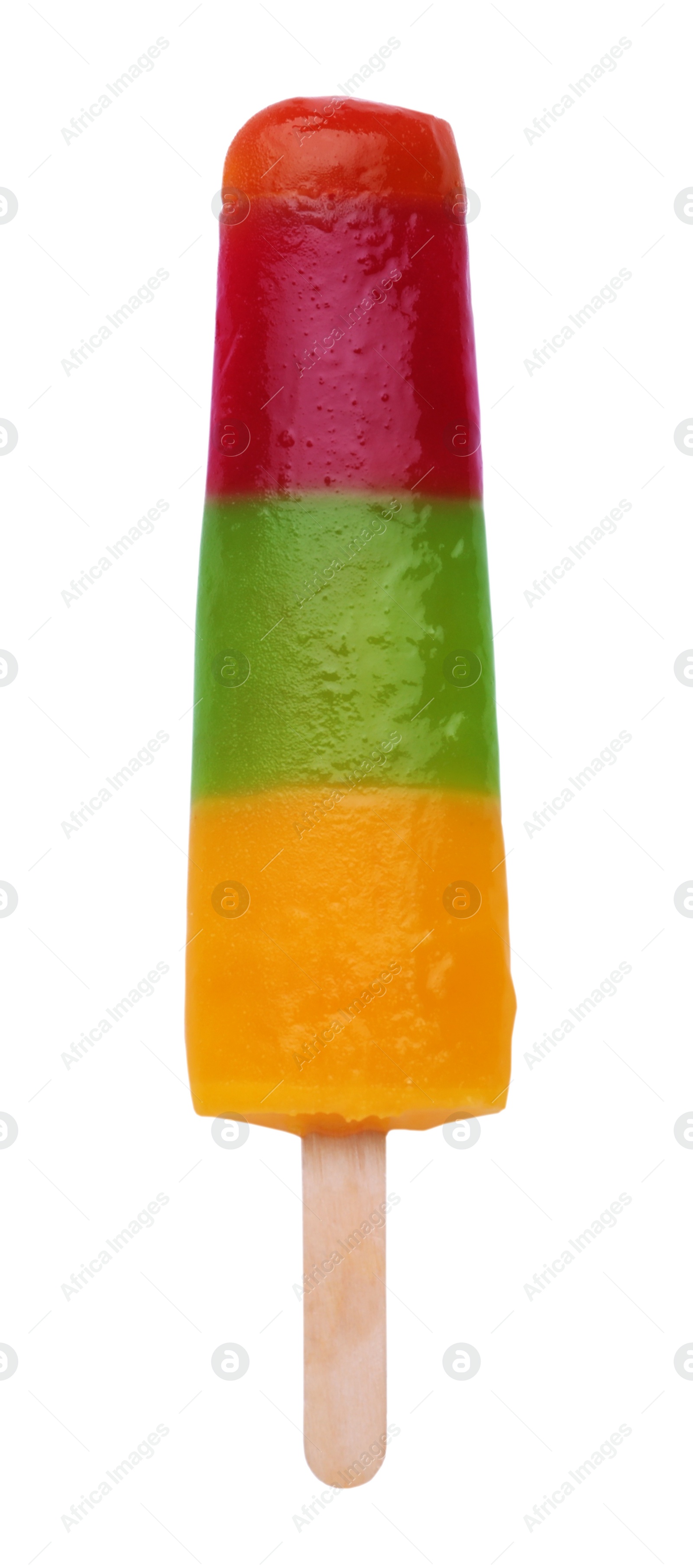 Photo of Delicious ice pop isolated on white, top view. Fruit popsicle