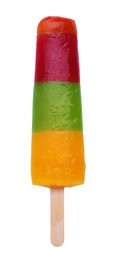 Photo of Delicious ice pop isolated on white, top view. Fruit popsicle