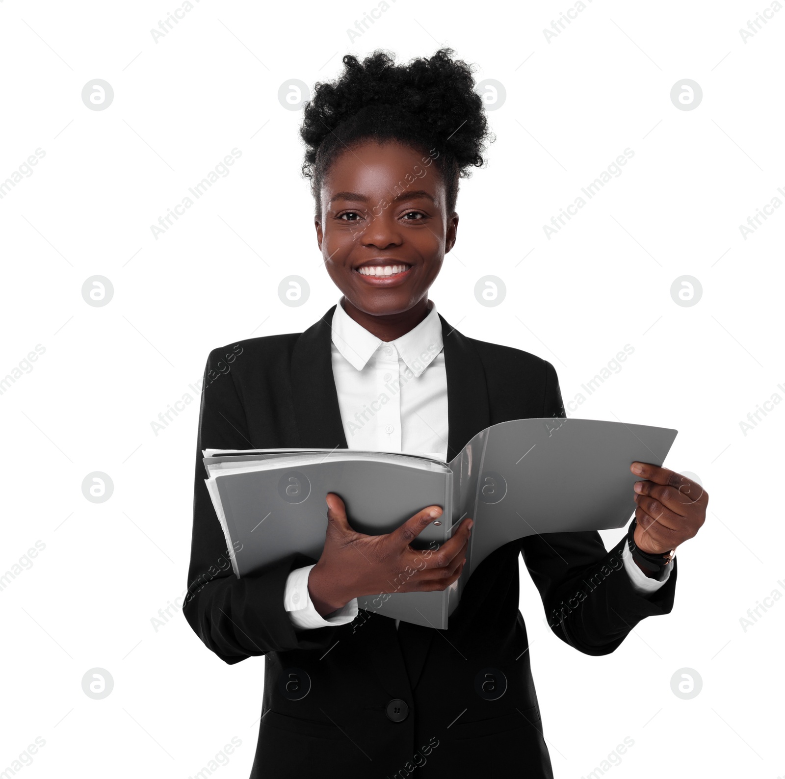 Photo of Portrait of happy woman with folders on white background. Lawyer, businesswoman, accountant or manager