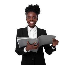 Portrait of happy woman with folders on white background. Lawyer, businesswoman, accountant or manager