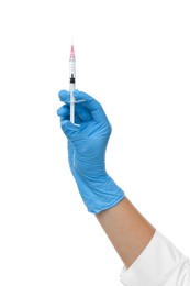 Doctor holding medical syringe on white background, closeup