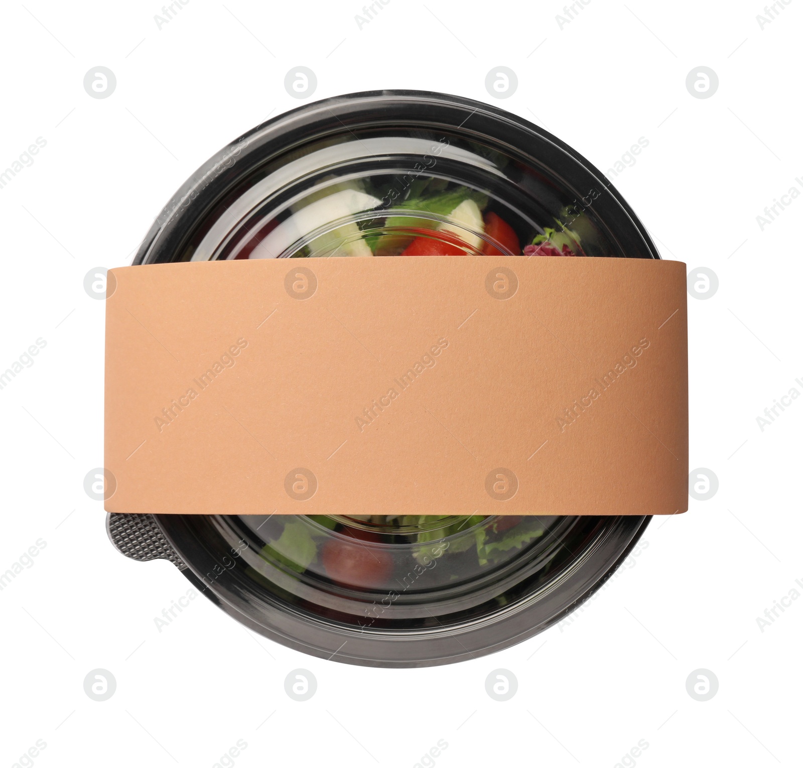 Photo of Tasty food in container isolated on white, top view