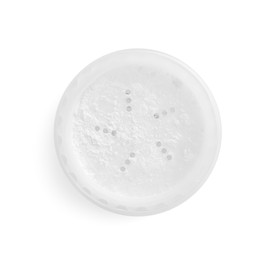 Photo of Rice face powder isolated on white, top view. Natural cosmetic