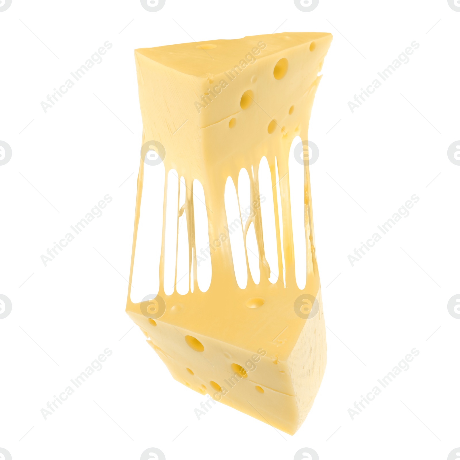 Image of Tasty cheese stretching in air on white background
