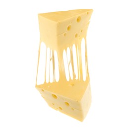 Tasty cheese stretching in air on white background