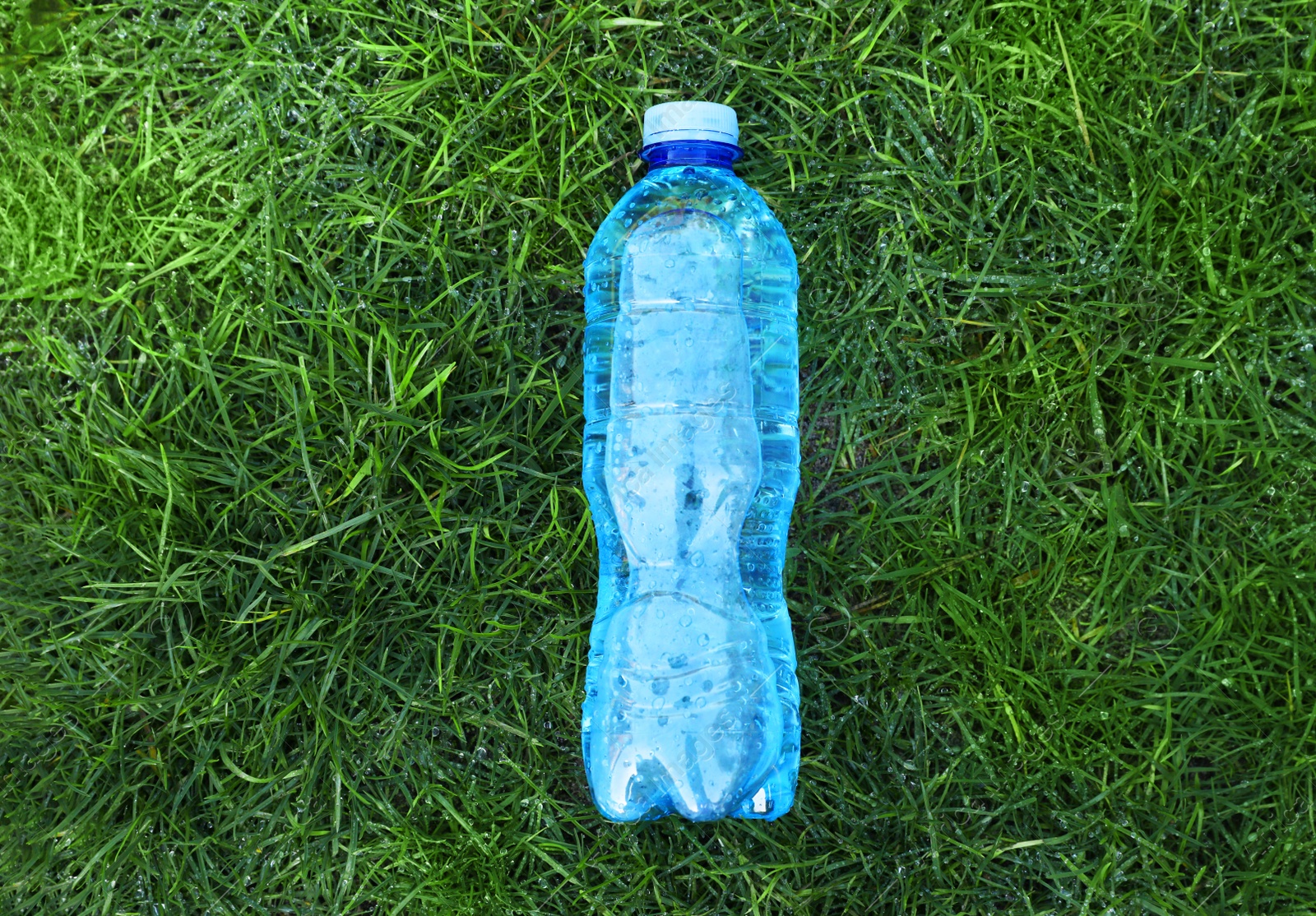 Photo of Plastic bottle of water on green grass outdoors, top view