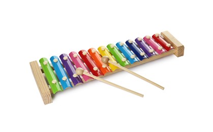 Photo of One glockenspiel with colorful bars and wooden mallets isolated on white. Children's toy