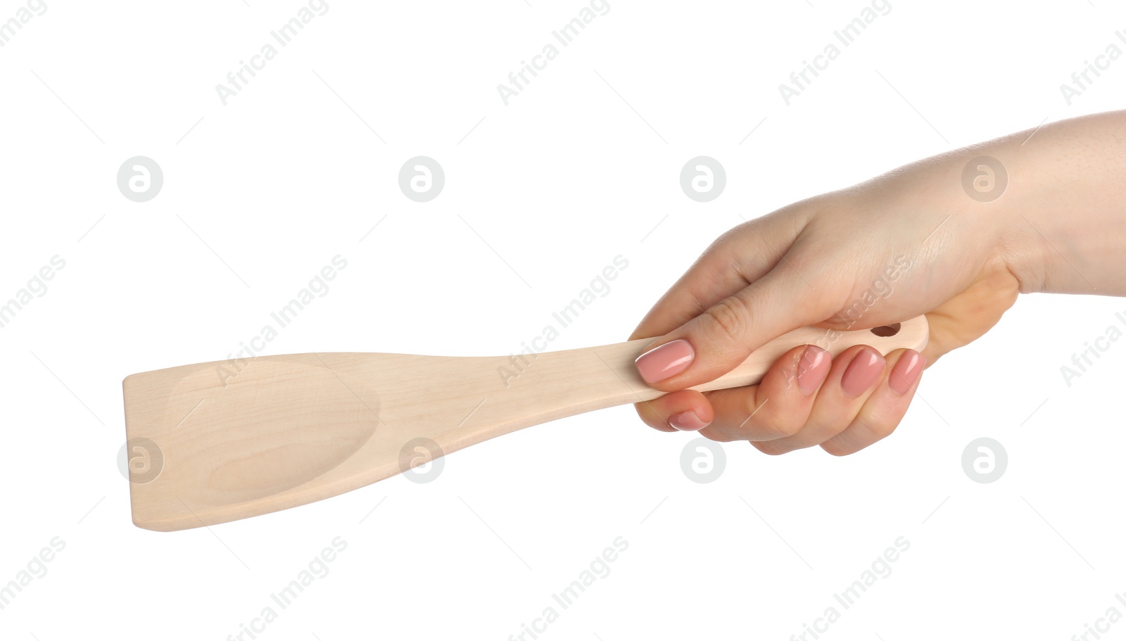 Photo of Woman with wooden spatula on white background, closeup