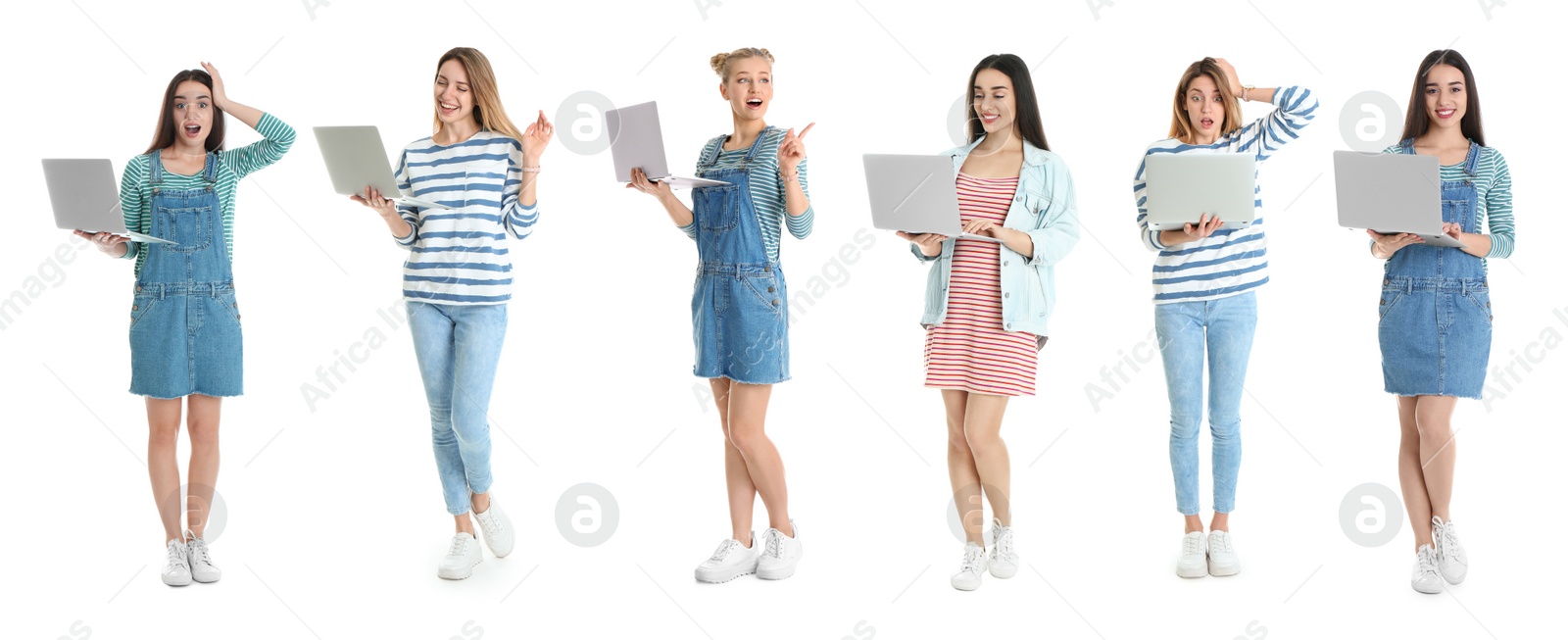 Image of Collage of women with laptops on white background. Banner design