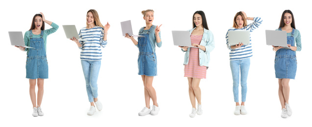Collage of women with laptops on white background. Banner design