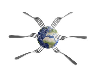 Image of Global food crisis concept. Globe of Earth and many forks on white background