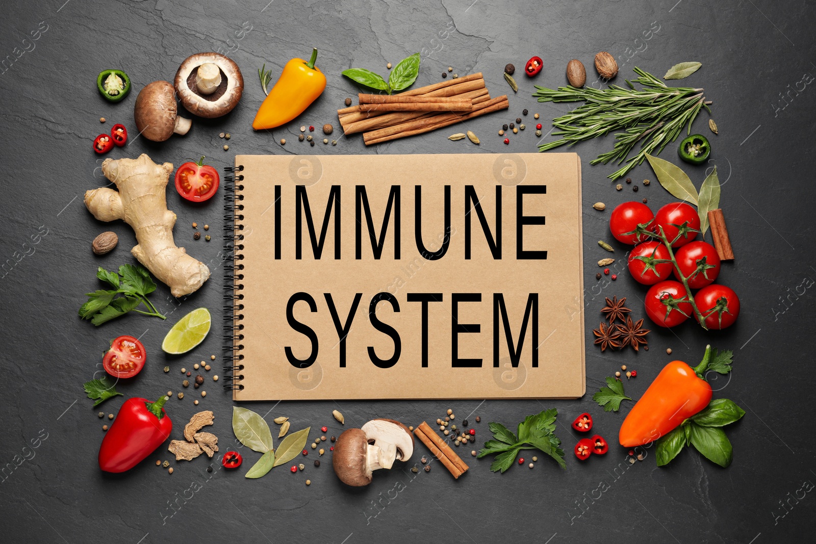 Image of Immune system boosting with proper nutrition. Different foods and notebook on black table, flat lay