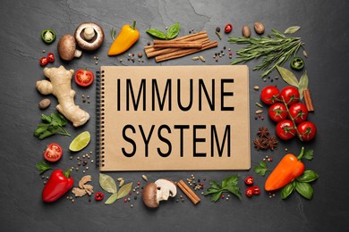 Image of Immune system boosting with proper nutrition. Different foods and notebook on black table, flat lay