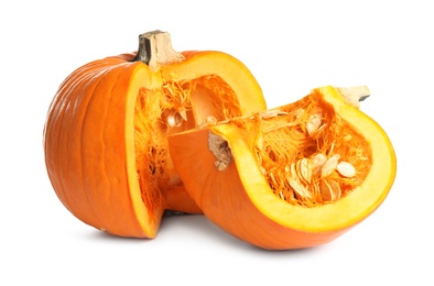 Photo of Cut ripe orange pumpkin on white background