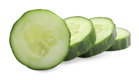 Photo of Slices of long cucumber isolated on white