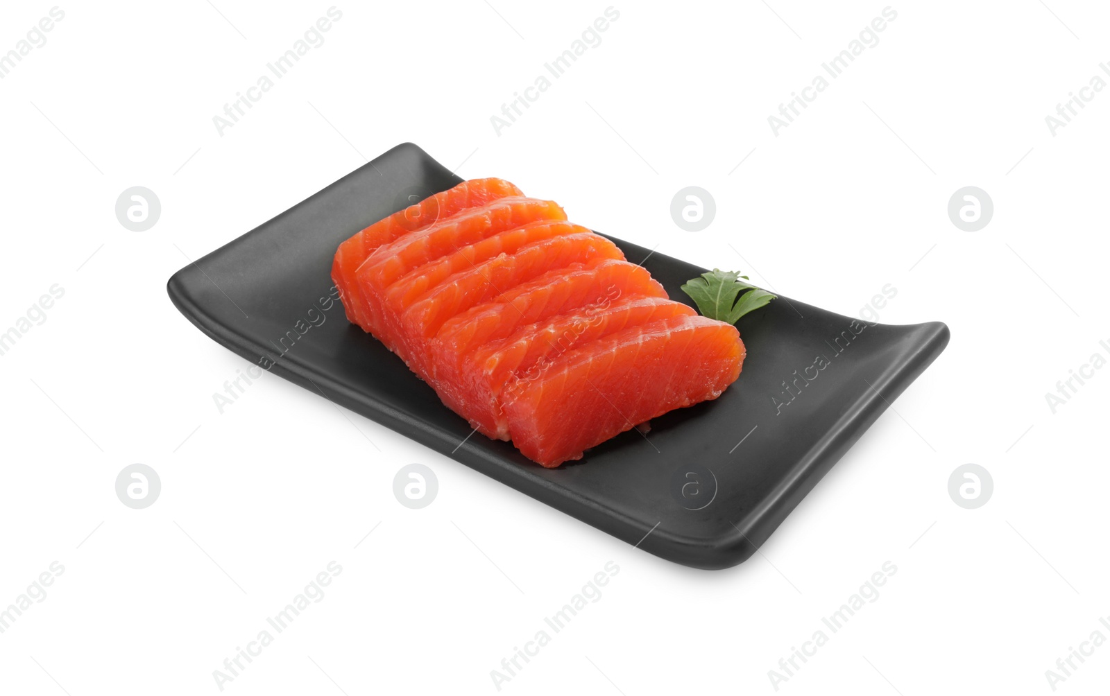 Photo of Tasty sashimi (slices of raw salmon) served with parsley isolated on white