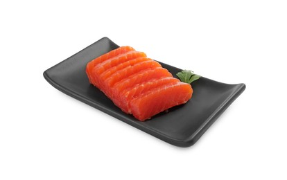 Photo of Tasty sashimi (slices of raw salmon) served with parsley isolated on white