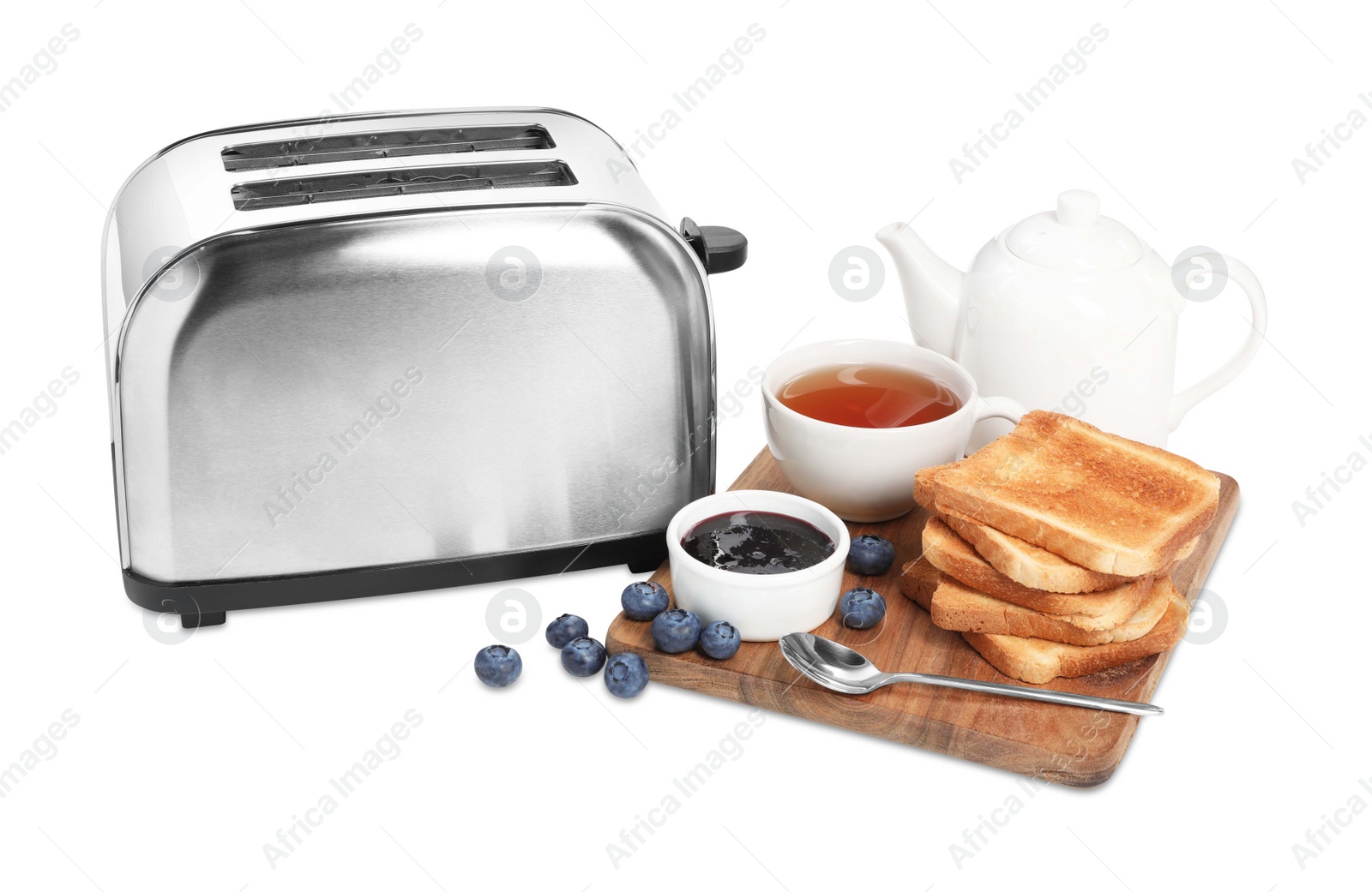 Photo of Toaster, bread with jam, blueberries and tea on white background