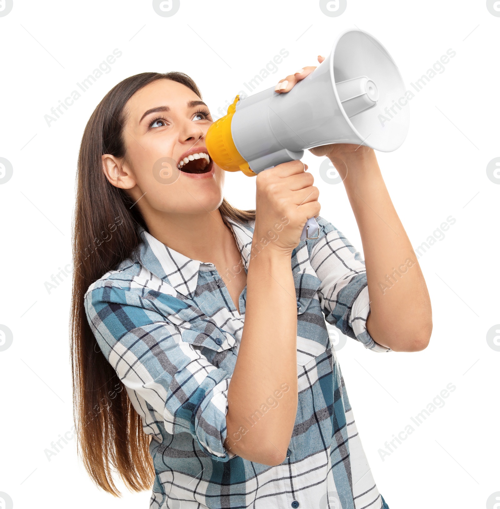 Photo of Young woman using megaphone on white background