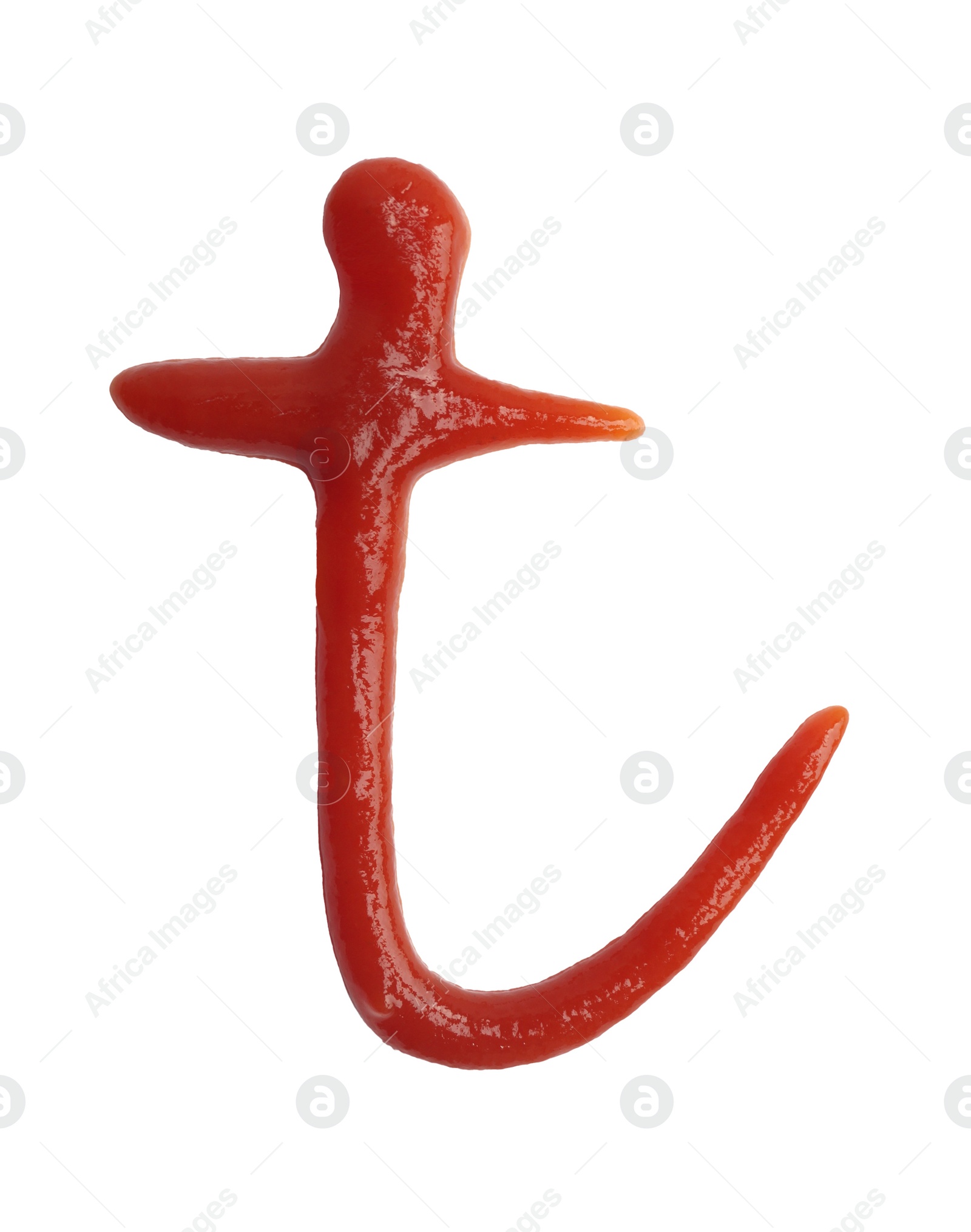 Photo of Letter T written with ketchup on white background