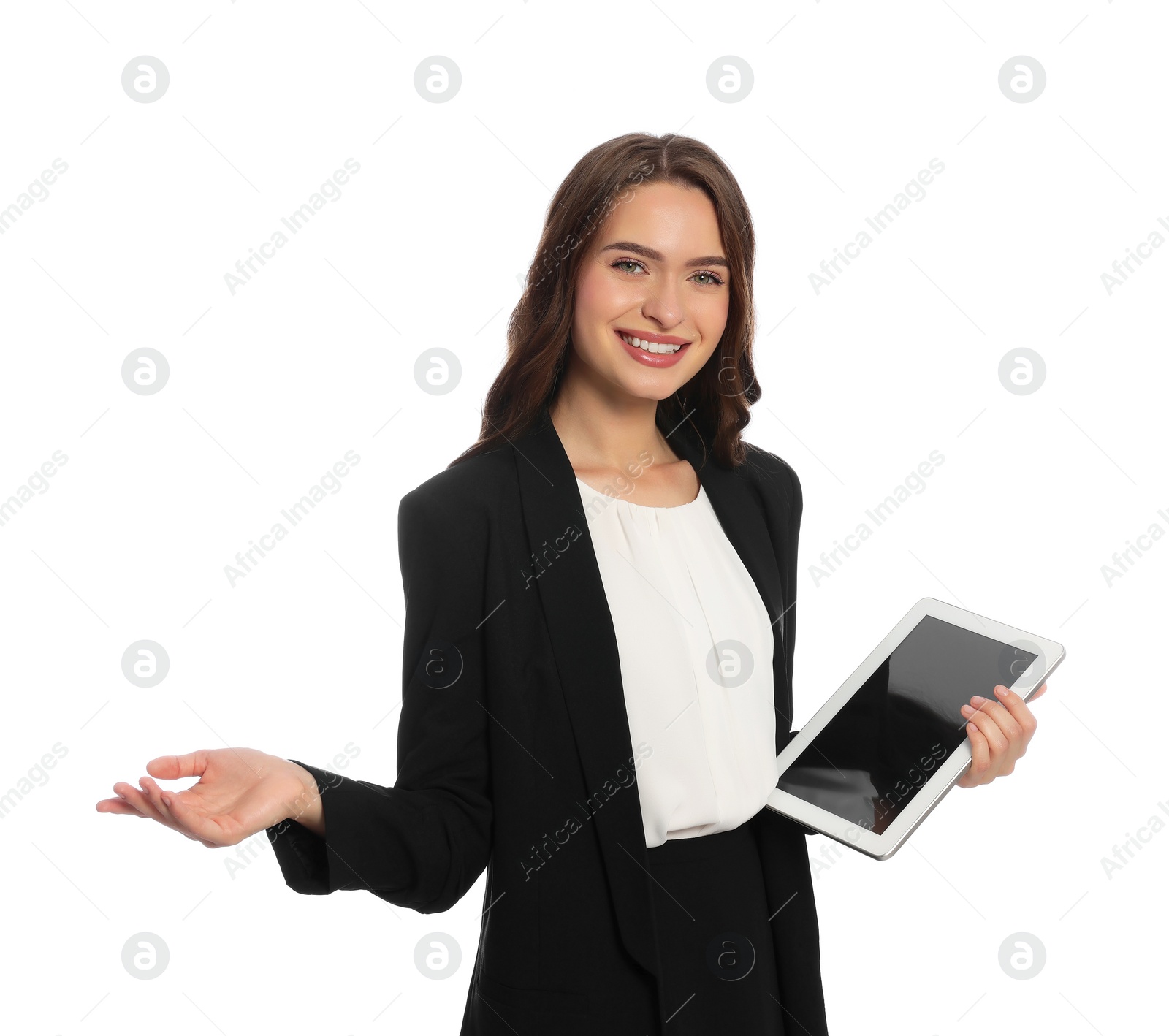 Photo of Portrait of hostess with tablet on white background