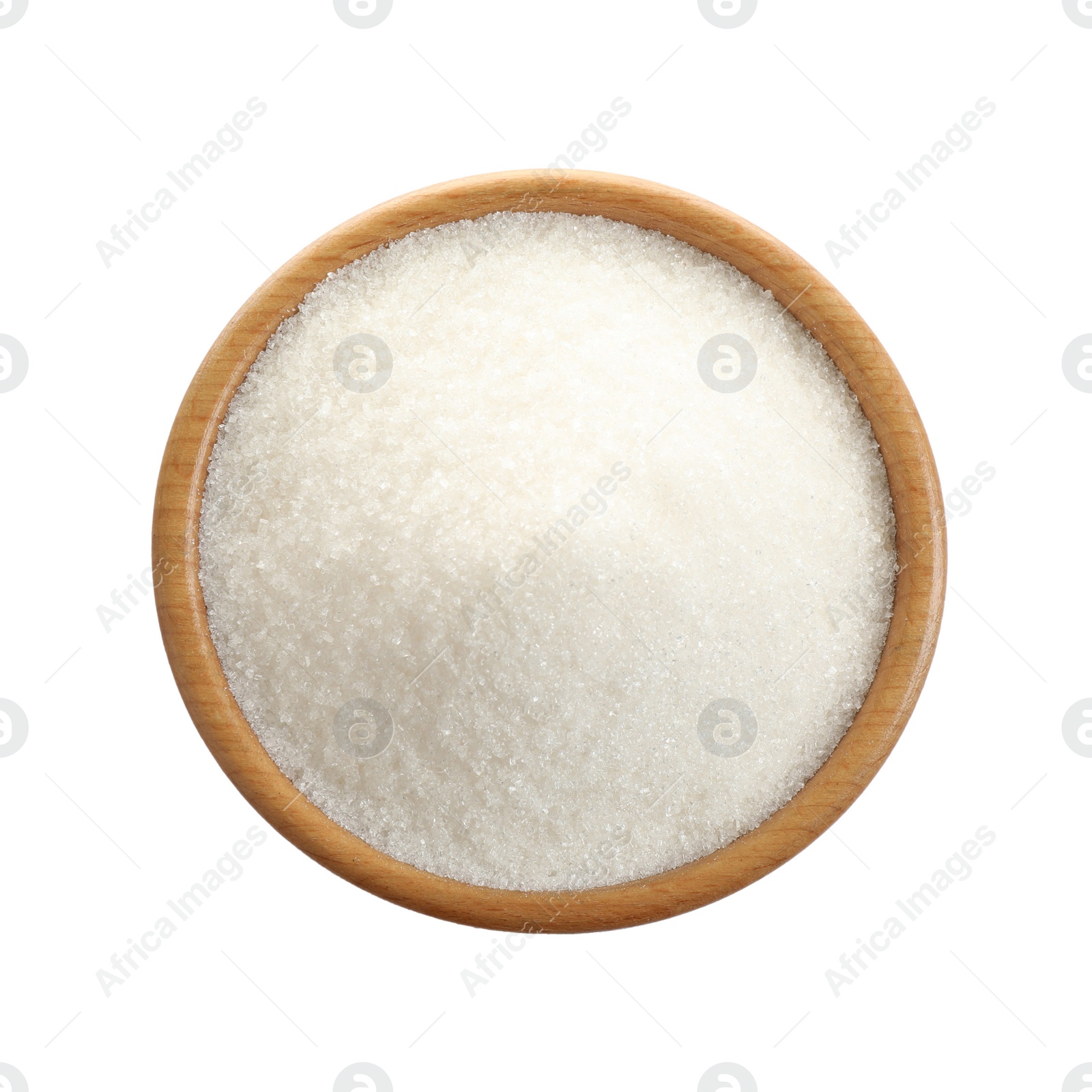 Photo of Granulated sugar in bowl isolated on white, top view