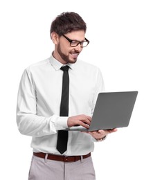 Photo of Happy man with laptop on white background