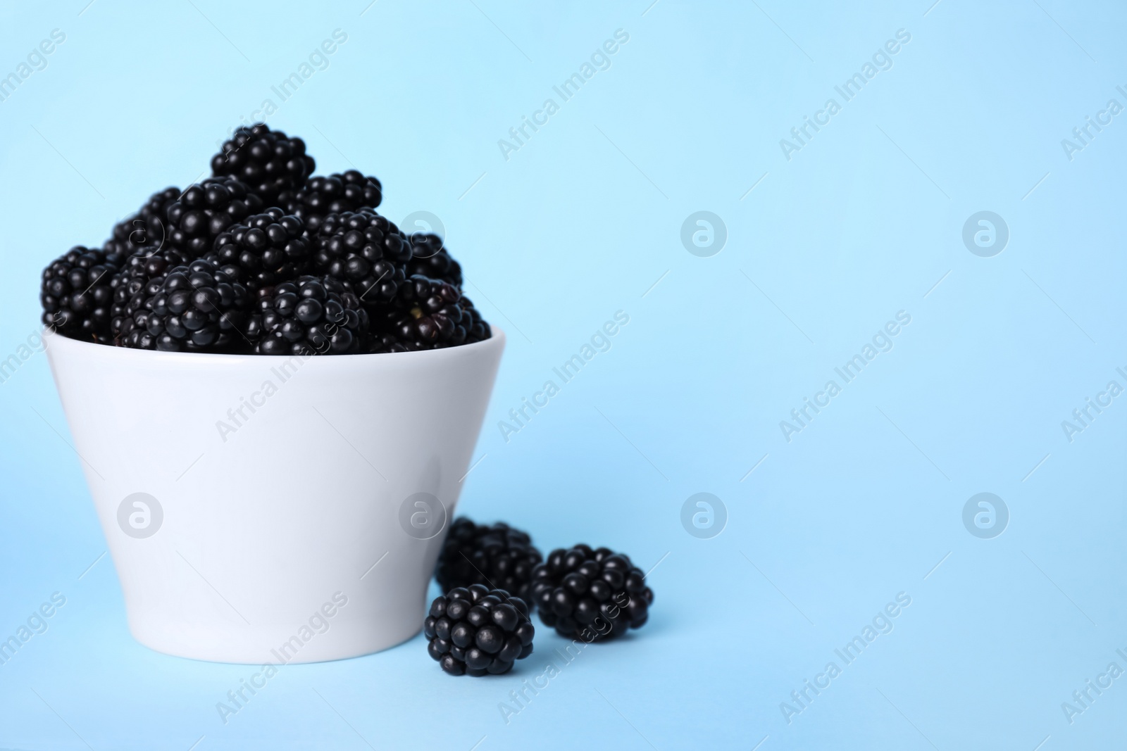 Photo of Fresh ripe blackberries in bowl on light blue background. Space for text