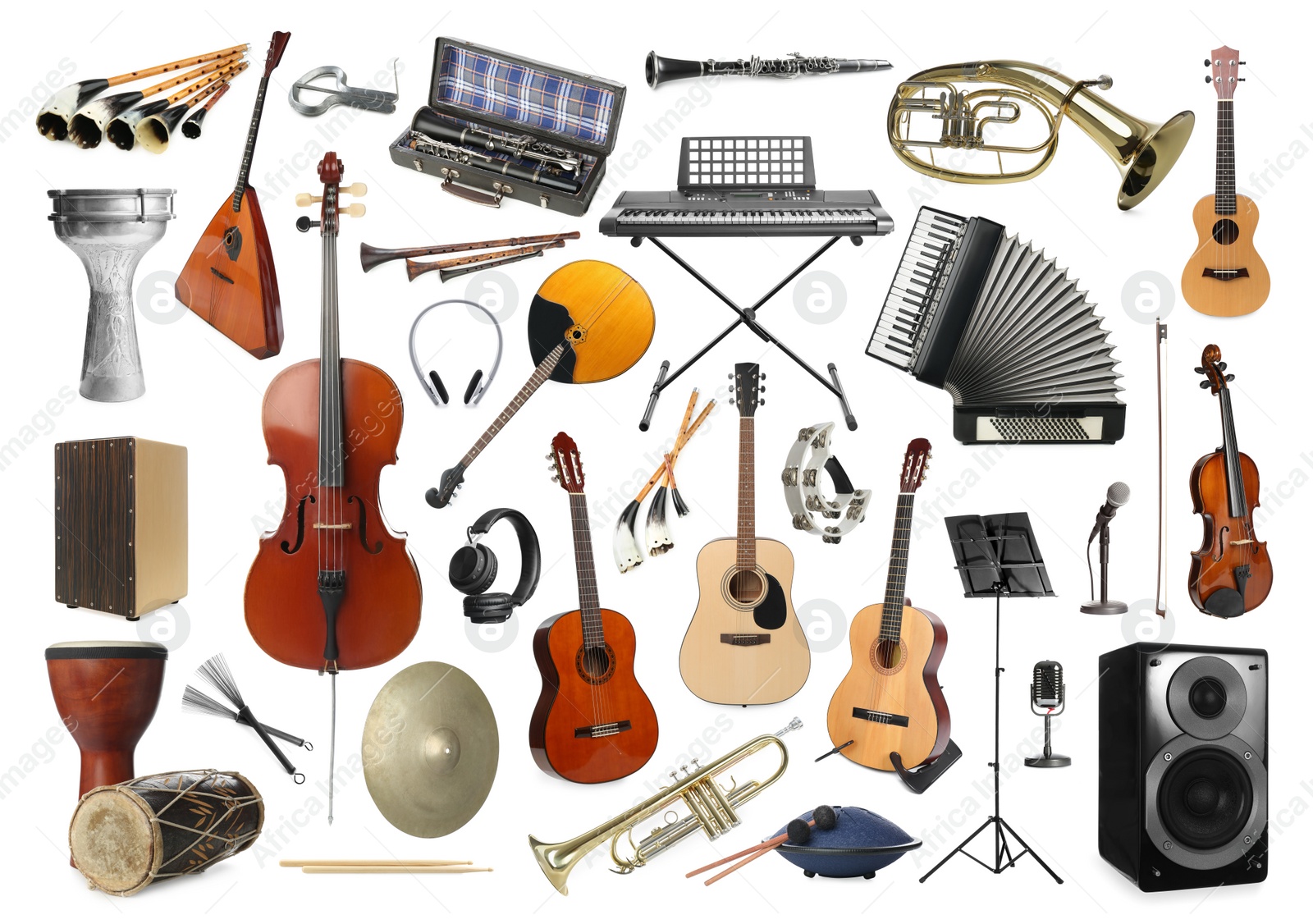 Image of Collection of different musical instruments on white background