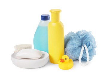 Photo of Baby cosmetic products, bath duck, brush and sponge isolated on white