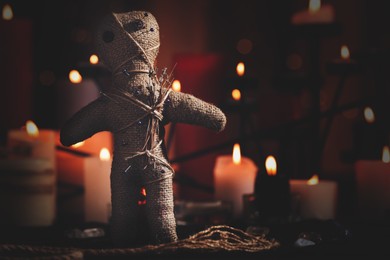 Image of Voodoo doll with pins and dried flowers on table in room
