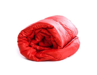 Photo of Rolled sleeping bag on white background. Camping equipment