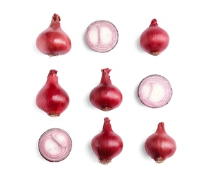 Beautiful composition with ripe red onions on white background