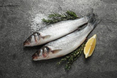 Tasty sea bass fish and spices on grey textured table, flat lay